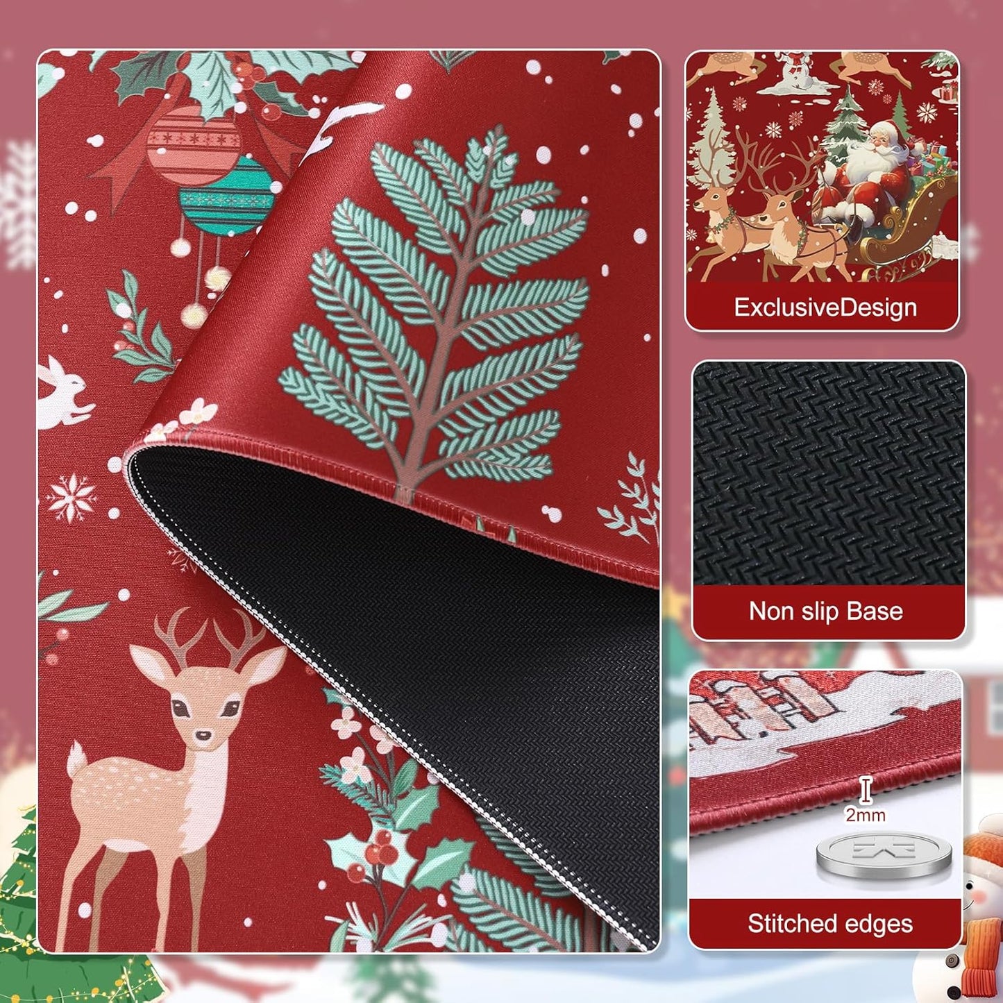 Christmas Desk Mat, Large Mouse Pad with Stitched Edges, Anti-Slip Big Mousepad for Desktop, Office Set for Women (Red)