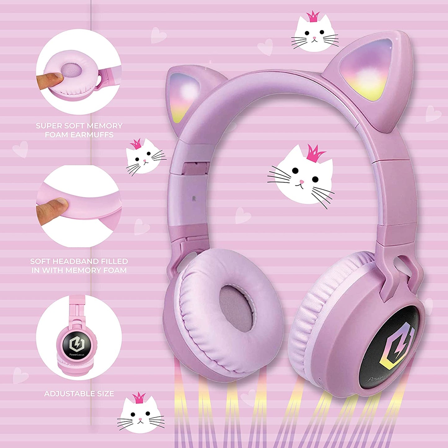 Kids Cat Ear Headphones, Bluetooth 5.3 Wireless, LED Lights, Safe Volume Limit, Micro SD/TF, for Ipad, Tablet, Travel (Pink)