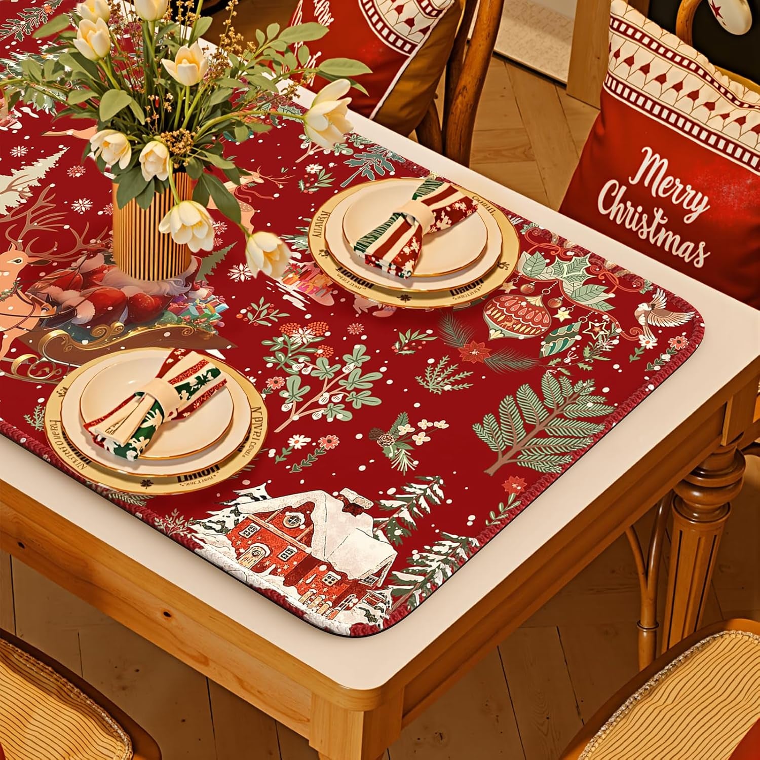 Christmas Desk Mat, Large Mouse Pad with Stitched Edges, Anti-Slip Big Mousepad for Desktop, Office Set for Women (Red)