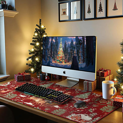 Christmas Desk Mat, Large Mouse Pad with Stitched Edges, Anti-Slip Big Mousepad for Desktop, Office Set for Women (Red)