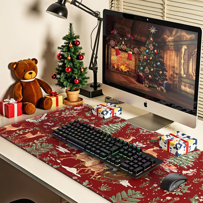 Christmas Desk Mat, Large Mouse Pad with Stitched Edges, Anti-Slip Big Mousepad for Desktop, Office Set for Women (Red)