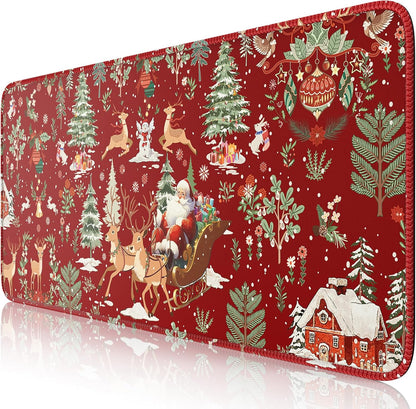 Christmas Desk Mat, Large Mouse Pad with Stitched Edges, Anti-Slip Big Mousepad for Desktop, Office Set for Women (Red)