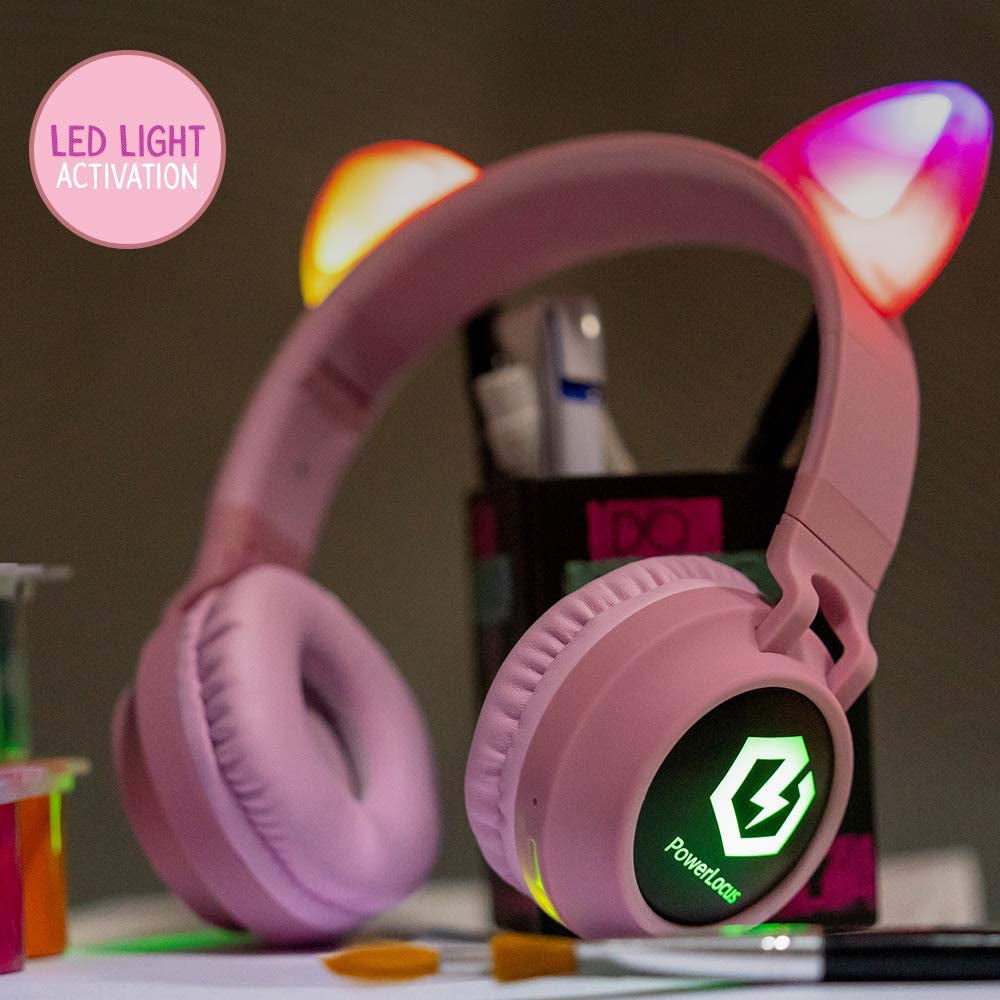 Kids Cat Ear Headphones, Bluetooth 5.3 Wireless, LED Lights, Safe Volume Limit, Micro SD/TF, for Ipad, Tablet, Travel (Pink)