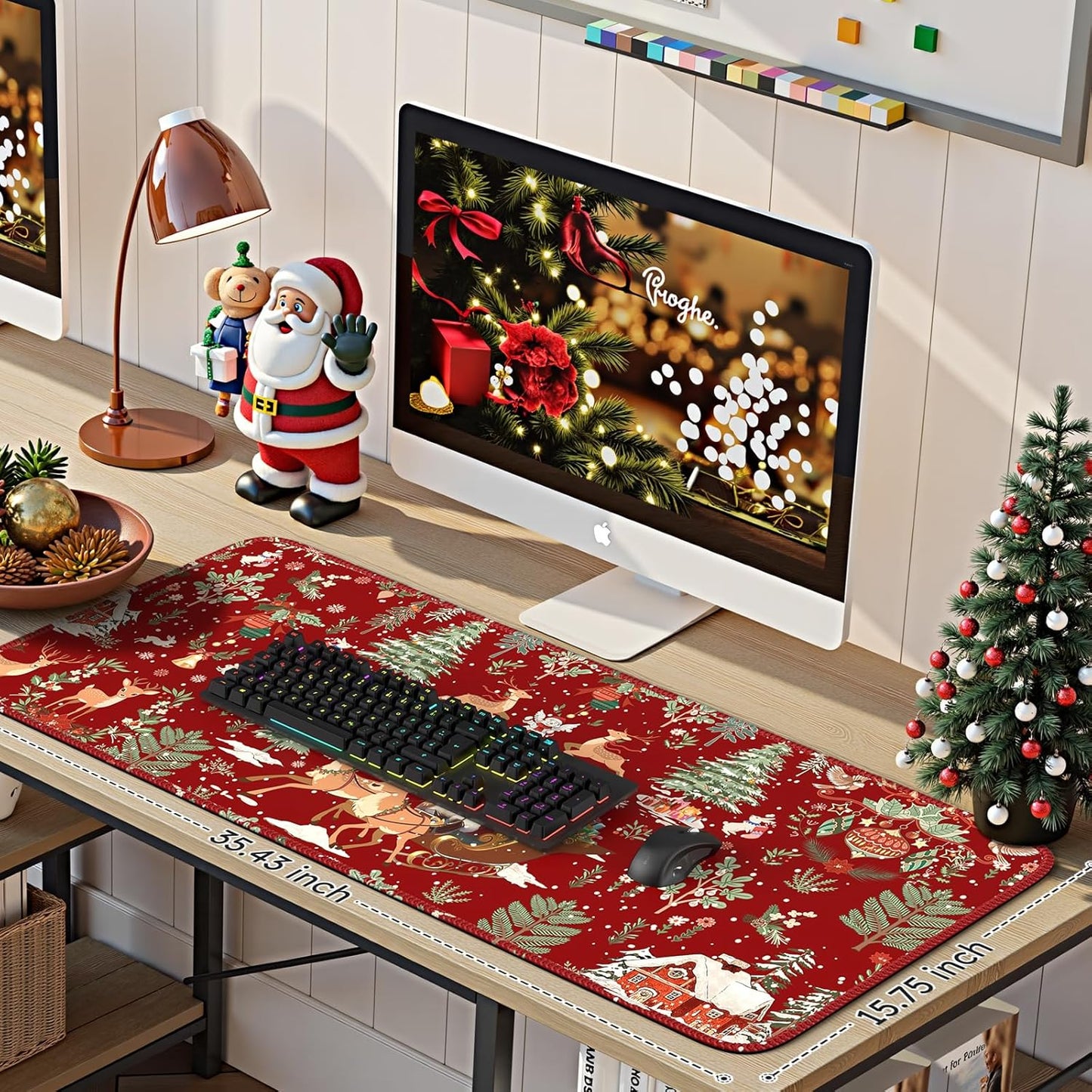 Christmas Desk Mat, Large Mouse Pad with Stitched Edges, Anti-Slip Big Mousepad for Desktop, Office Set for Women (Red)