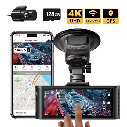Touch Screen Dash Cam Front and Rear, 4K Dash Camera with STARVIS 2 Sensor, Free 128GB Card, Car Camera with Wifi GPS, Voice Control, WDR, 24H Parking Mode, Night Vision