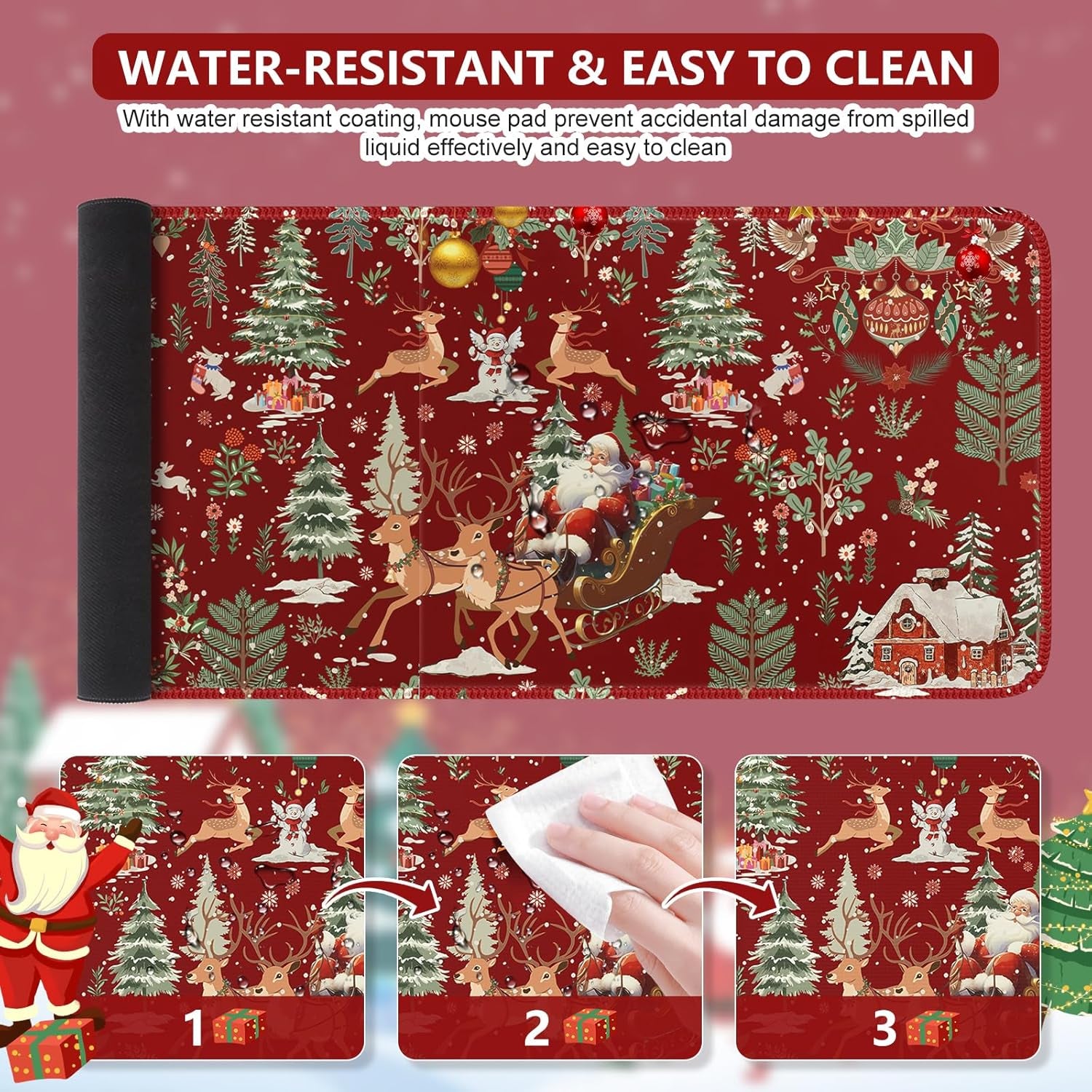 Christmas Desk Mat, Large Mouse Pad with Stitched Edges, Anti-Slip Big Mousepad for Desktop, Office Set for Women (Red)