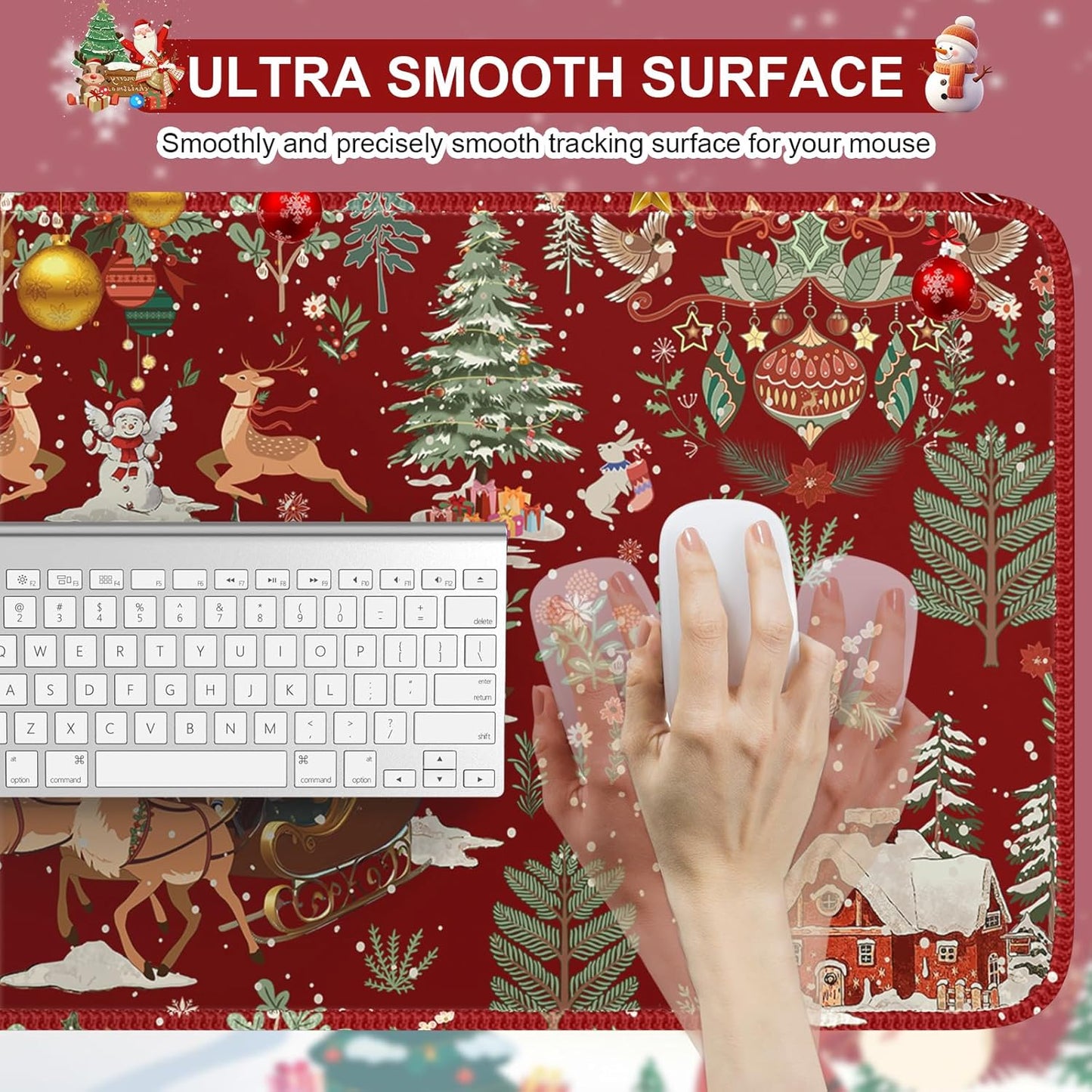 Christmas Desk Mat, Large Mouse Pad with Stitched Edges, Anti-Slip Big Mousepad for Desktop, Office Set for Women (Red)