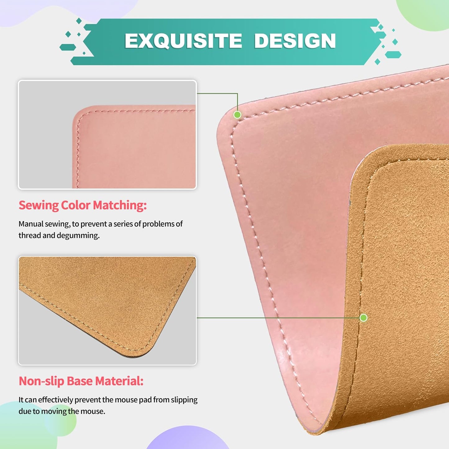 Mouse Pad, PU Mouse Pad，Leather Mouse Pad with Stitched Edge Micro-Fiber Base with Non-Slip Waterproof，Mouse Pad for Computers，Laptop, 8X11Inch (Light Pink)