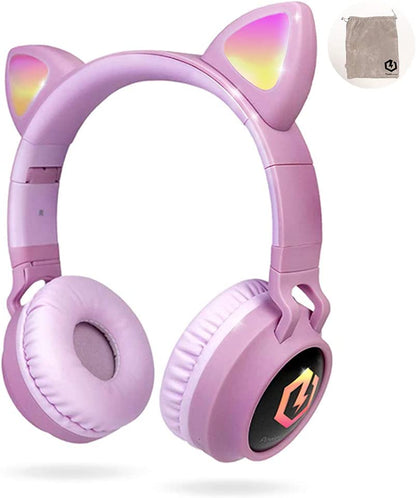 Kids Cat Ear Headphones, Bluetooth 5.3 Wireless, LED Lights, Safe Volume Limit, Micro SD/TF, for Ipad, Tablet, Travel (Pink)